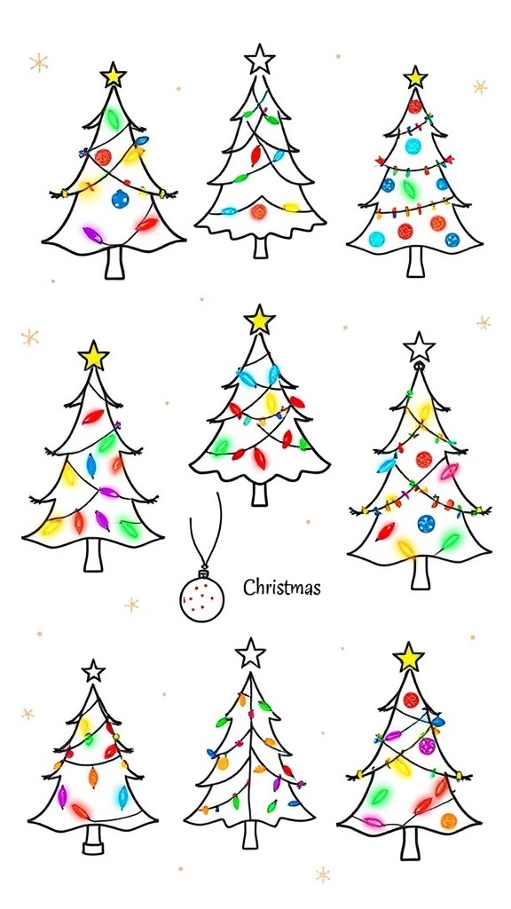 Simple Christmas doodles including trees and ornaments with colorful lights.